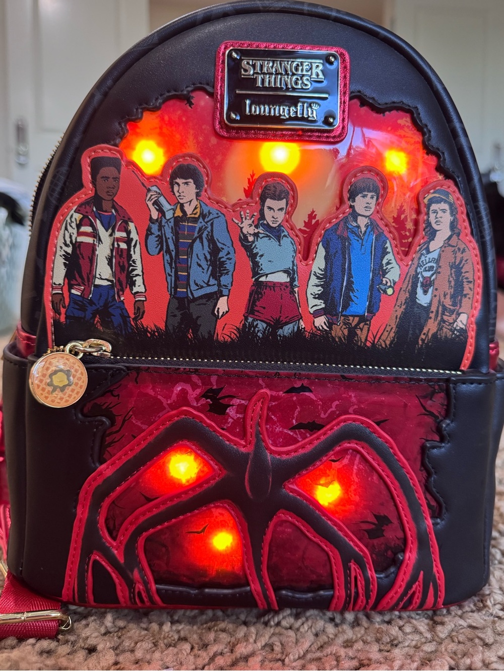 Loungefly Stranger Things Red and Black Mini Backpack with Characters - Picture 2 of 9